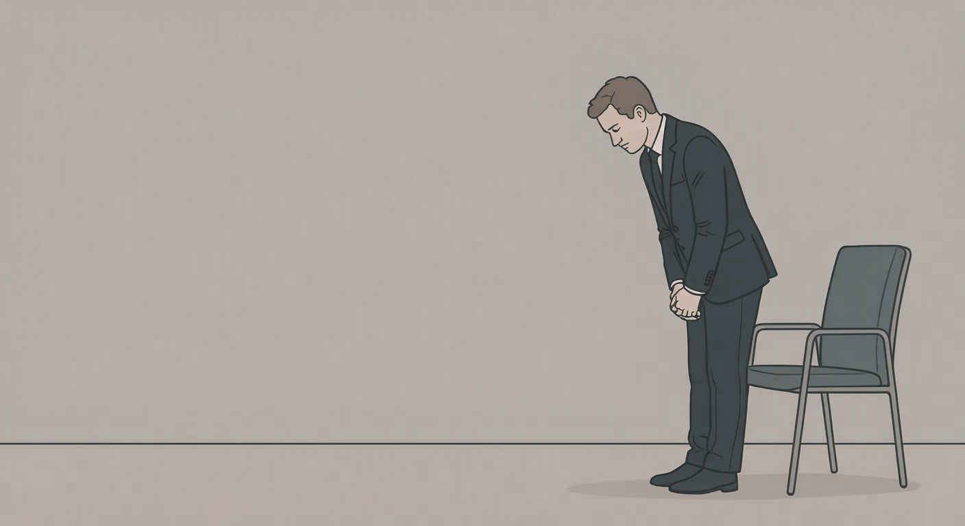Illustration of an applicant bowing at a job interview (simple line art)