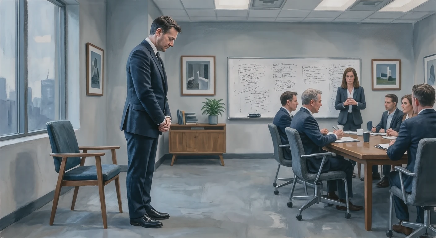Illustration of an applicant bowing at a job interview (gouache)