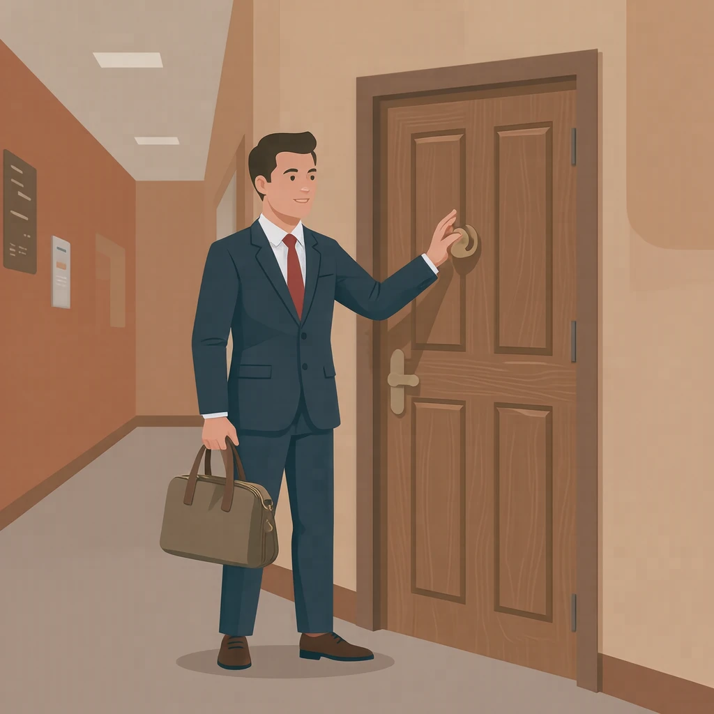 Illustration of an applicant knocking on the interview room door (flat illustration)