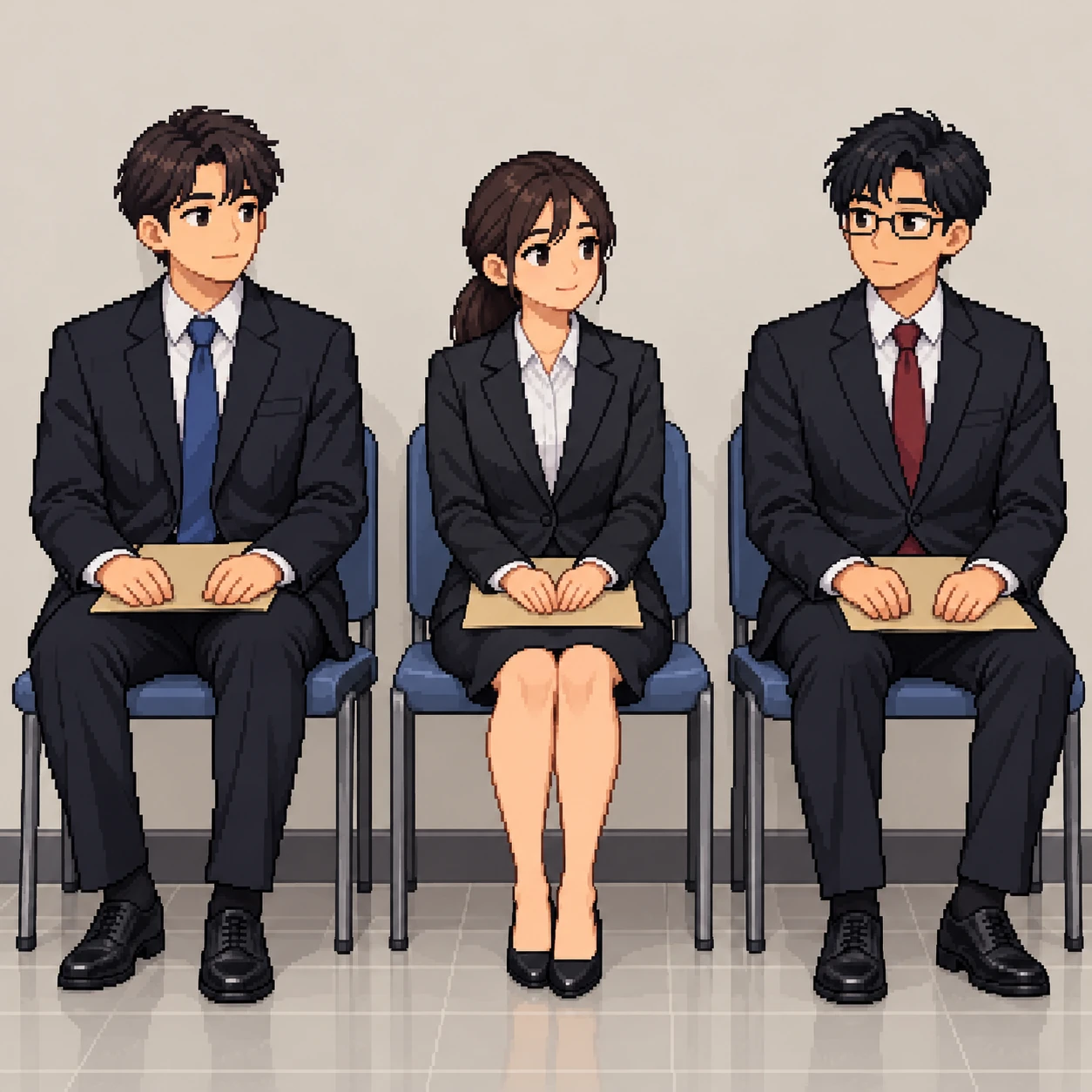 Illustration of applicants waiting in an interview waiting room (pixel art)