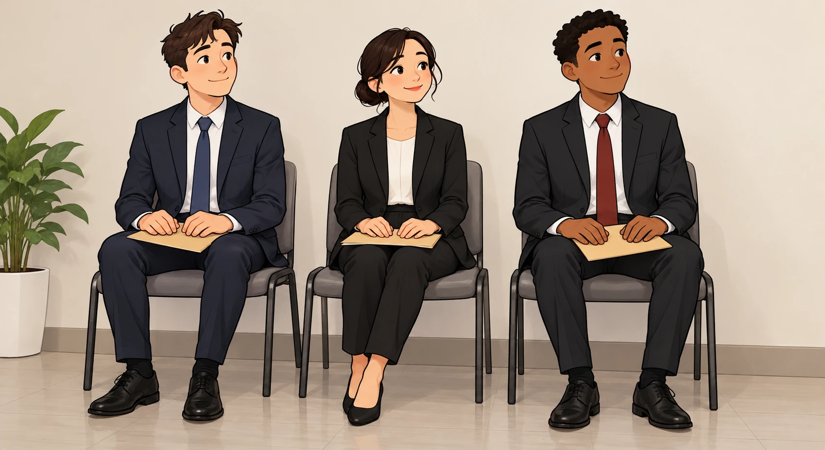 Illustration of applicants waiting in an interview waiting room (loose cartoon)