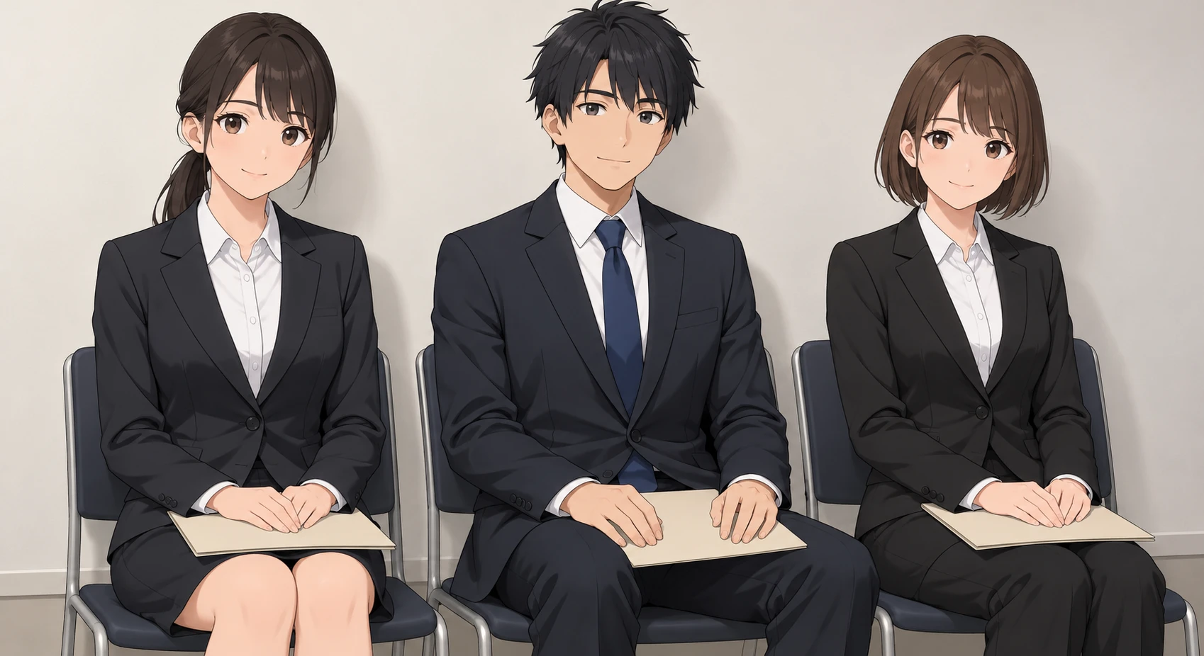 Illustration of applicants waiting in an interview waiting room (anime cel-shaded)