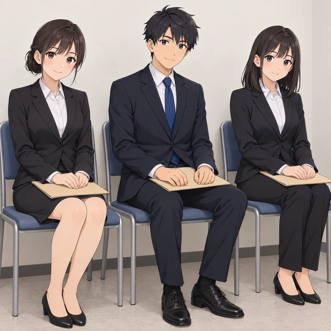 Illustration of applicants waiting in an interview waiting room (anime cel-shaded)