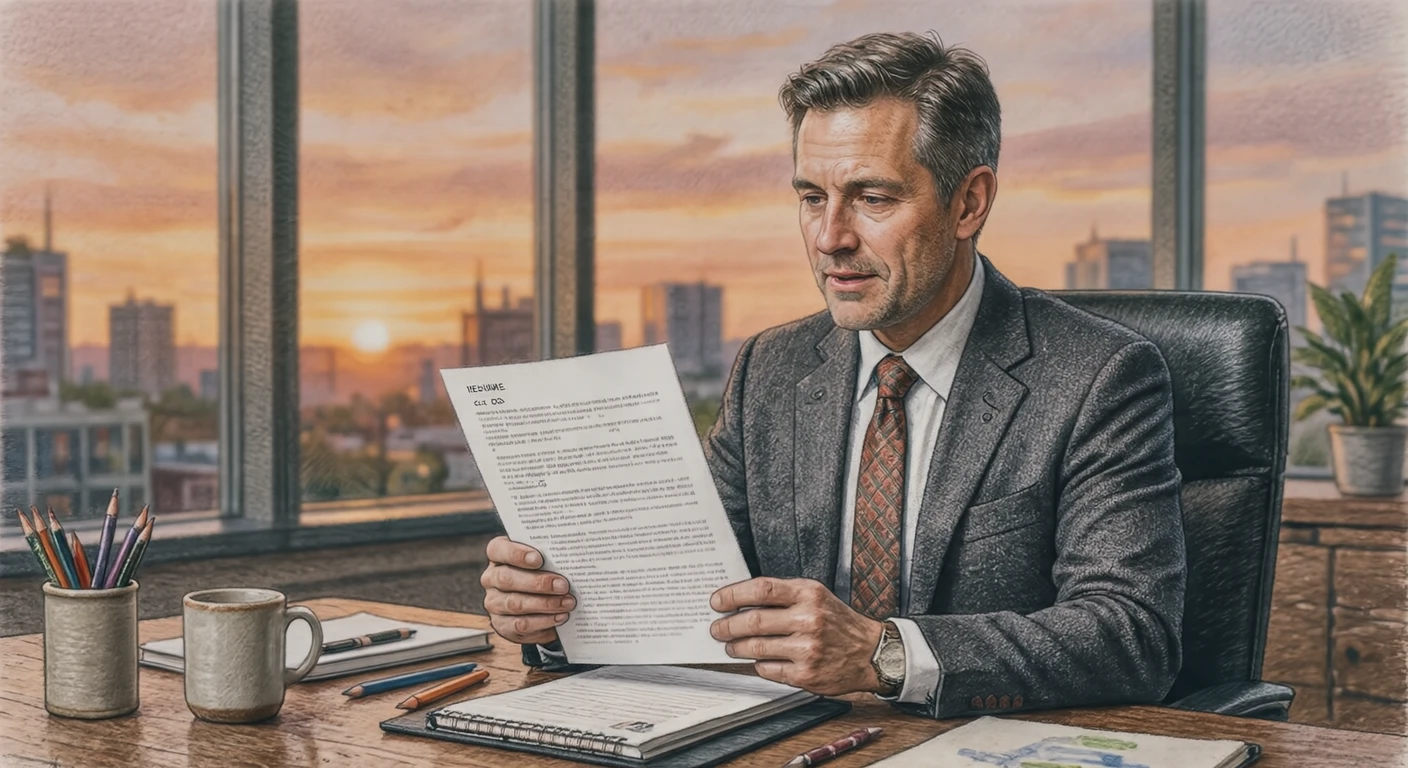 Illustration of an interviewer reading a resume (colored pencil)