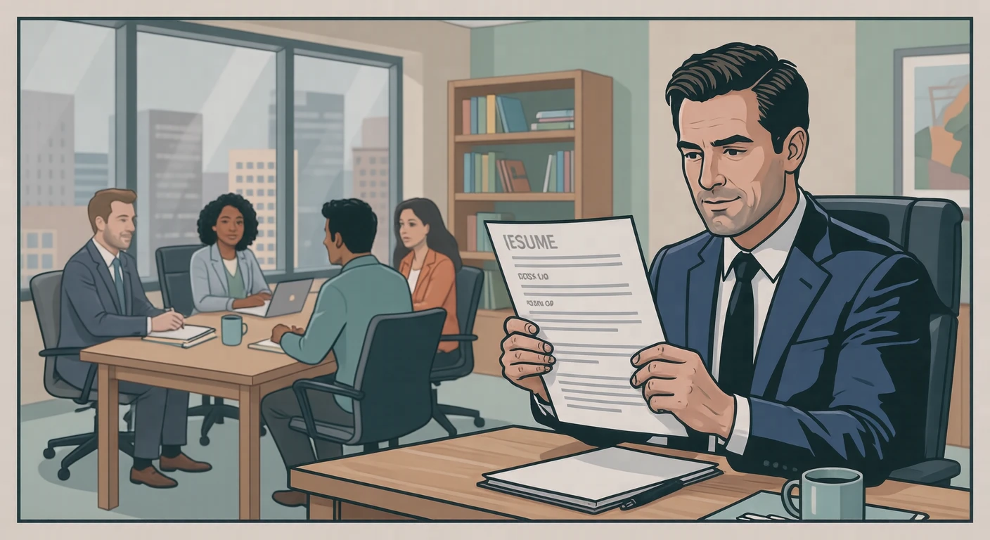 Illustration of an interviewer reading a resume (bold graphic)