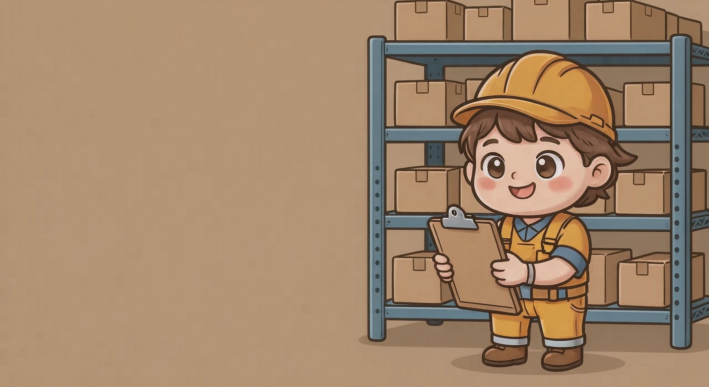 棚の在庫をクリップボードで数える作業員のイラスト（デフォルメ）