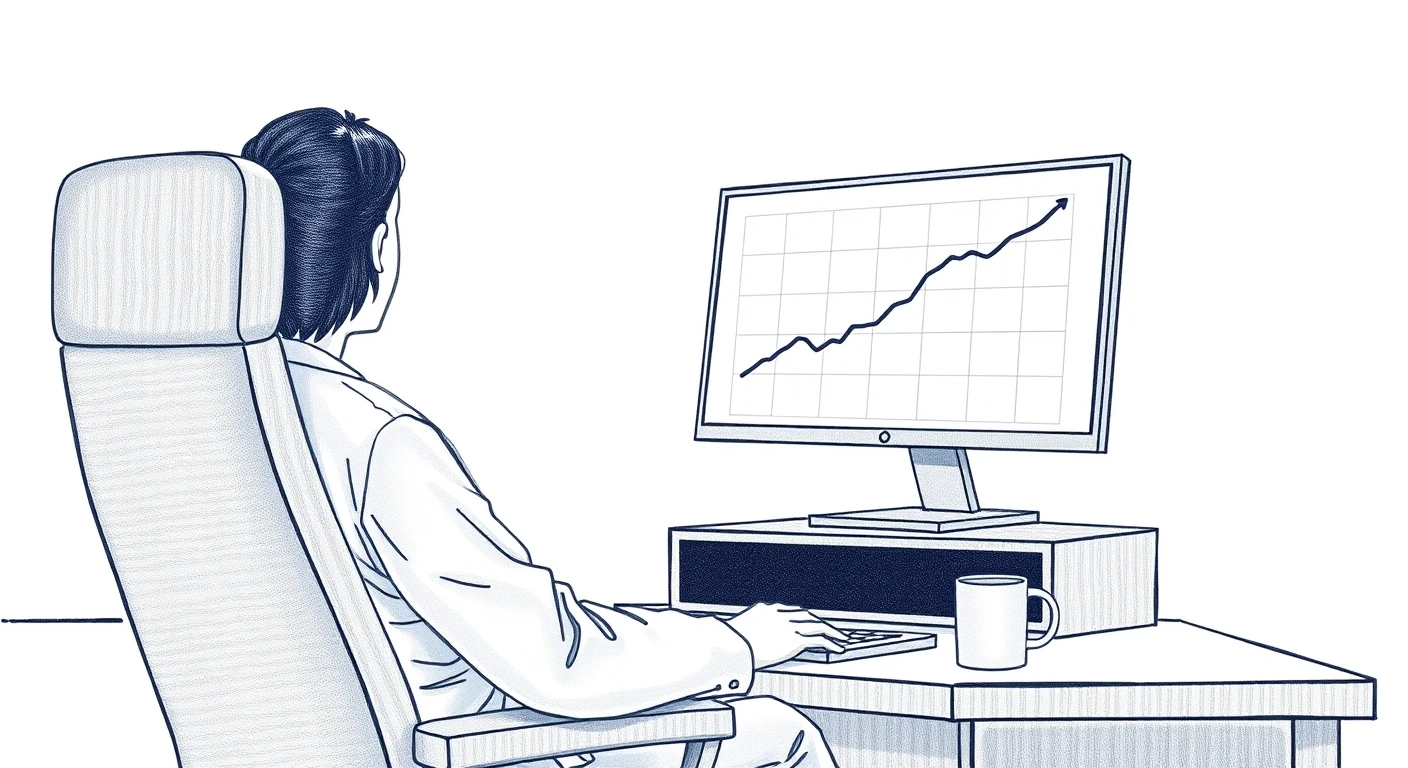 モニターの上昇チャートを見る投資家のイラスト