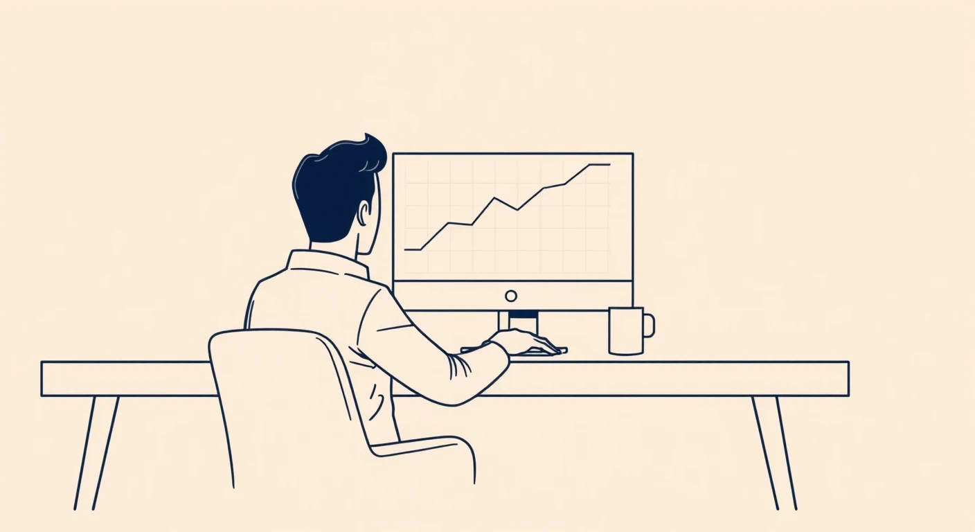 モニターの上昇チャートを見る投資家のイラスト