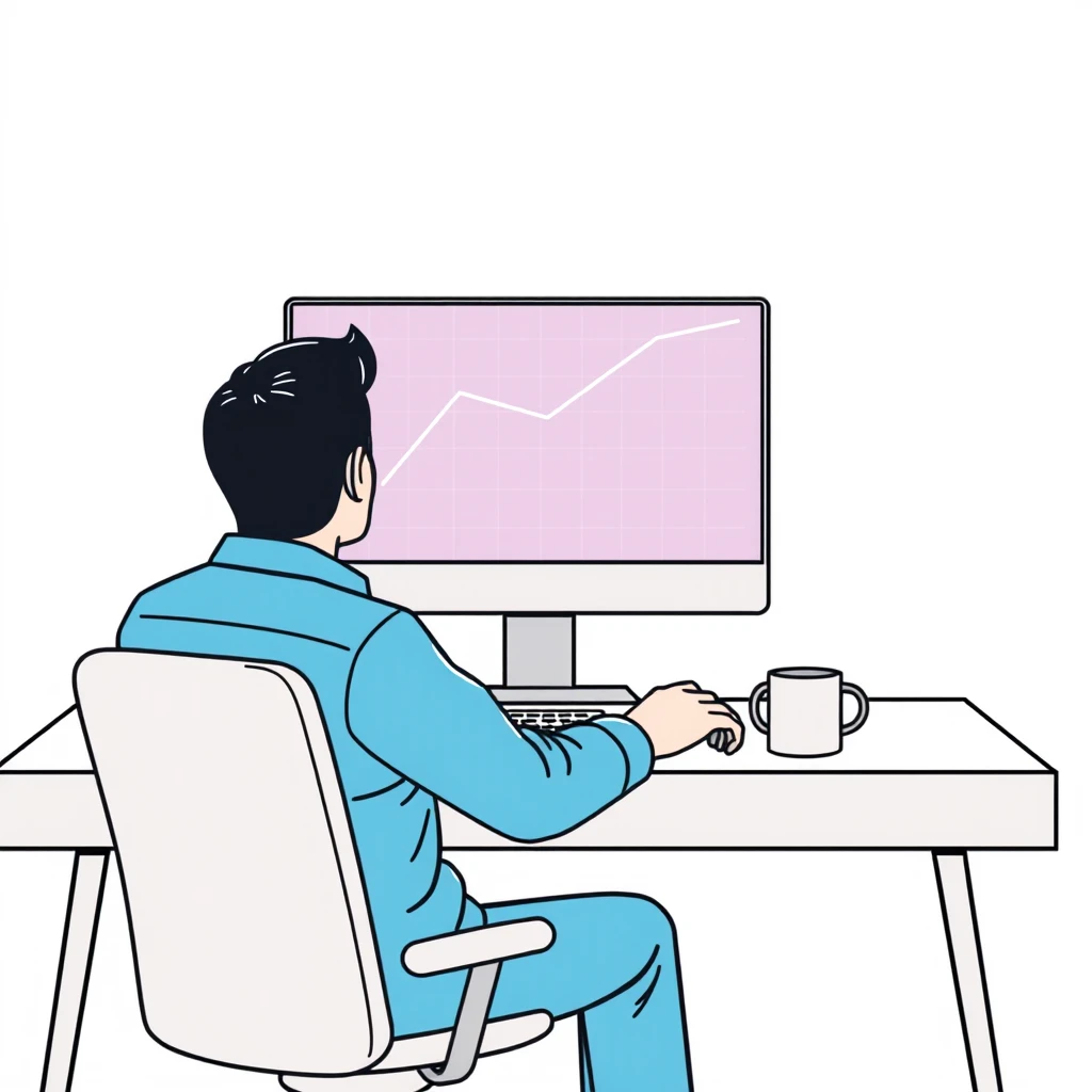 モニターの上昇チャートを見る投資家のイラスト