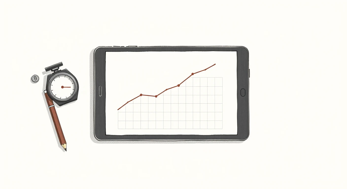 机の上のタブレットに表示された値動きの色鉛筆風イラスト