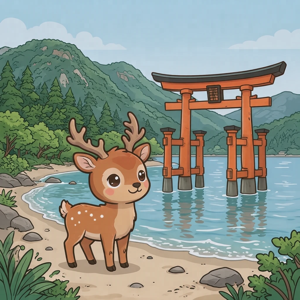Illustration of a deer on Miyajima and the great torii gate of Itsukushima Shrine, a World Heritage Site (chibi)