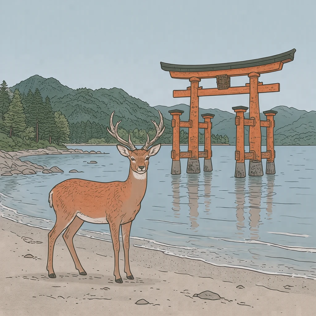 Illustration of a deer on Miyajima and the great torii gate of Itsukushima Shrine, a World Heritage Site (simple line art)