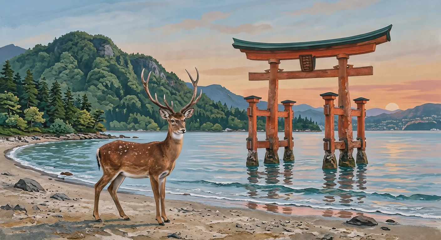 Illustration of a deer on Miyajima and the great torii gate of Itsukushima Shrine, a World Heritage Site (gouache)