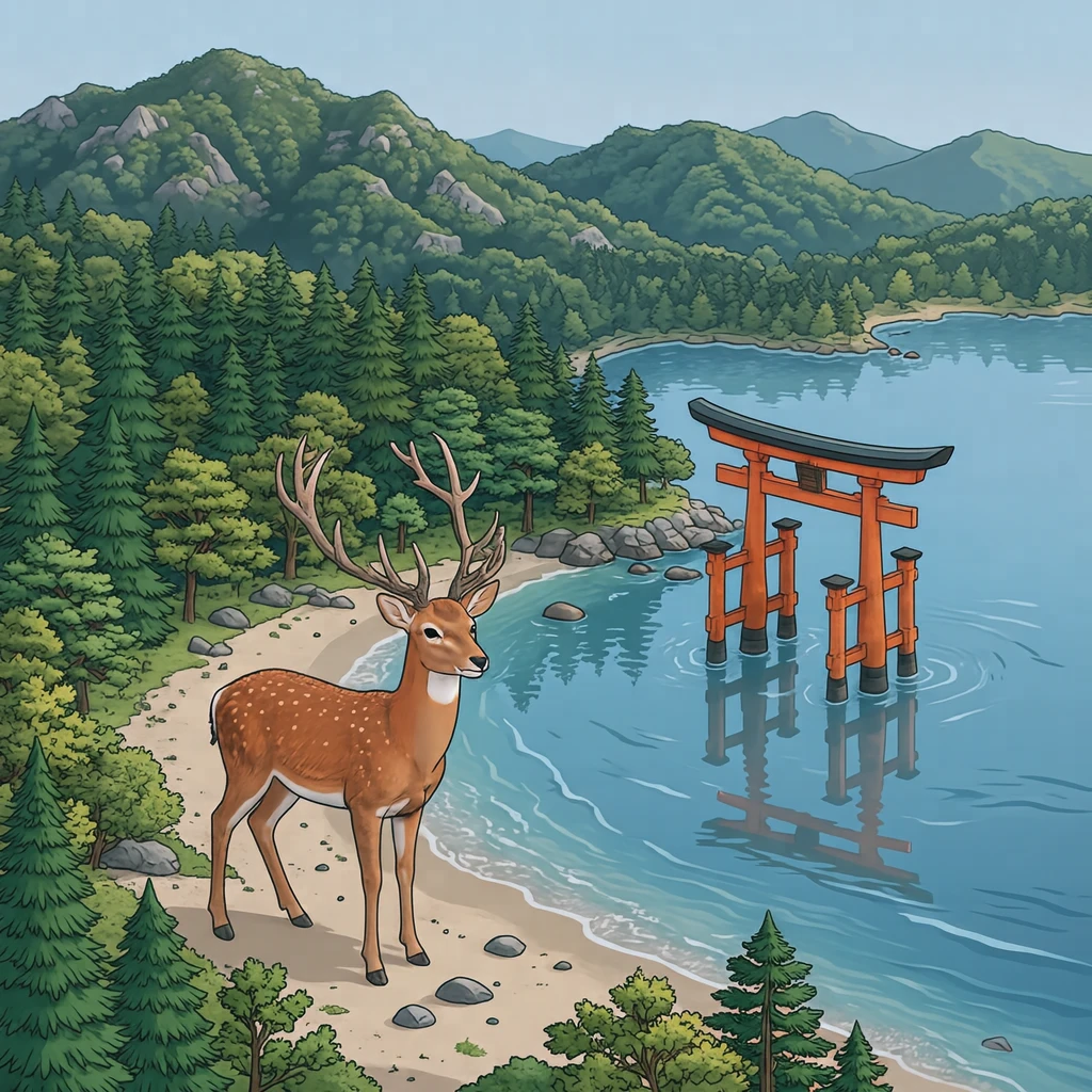 Illustration of a deer on Miyajima and the great torii gate of Itsukushima Shrine, a World Heritage Site (isometric)