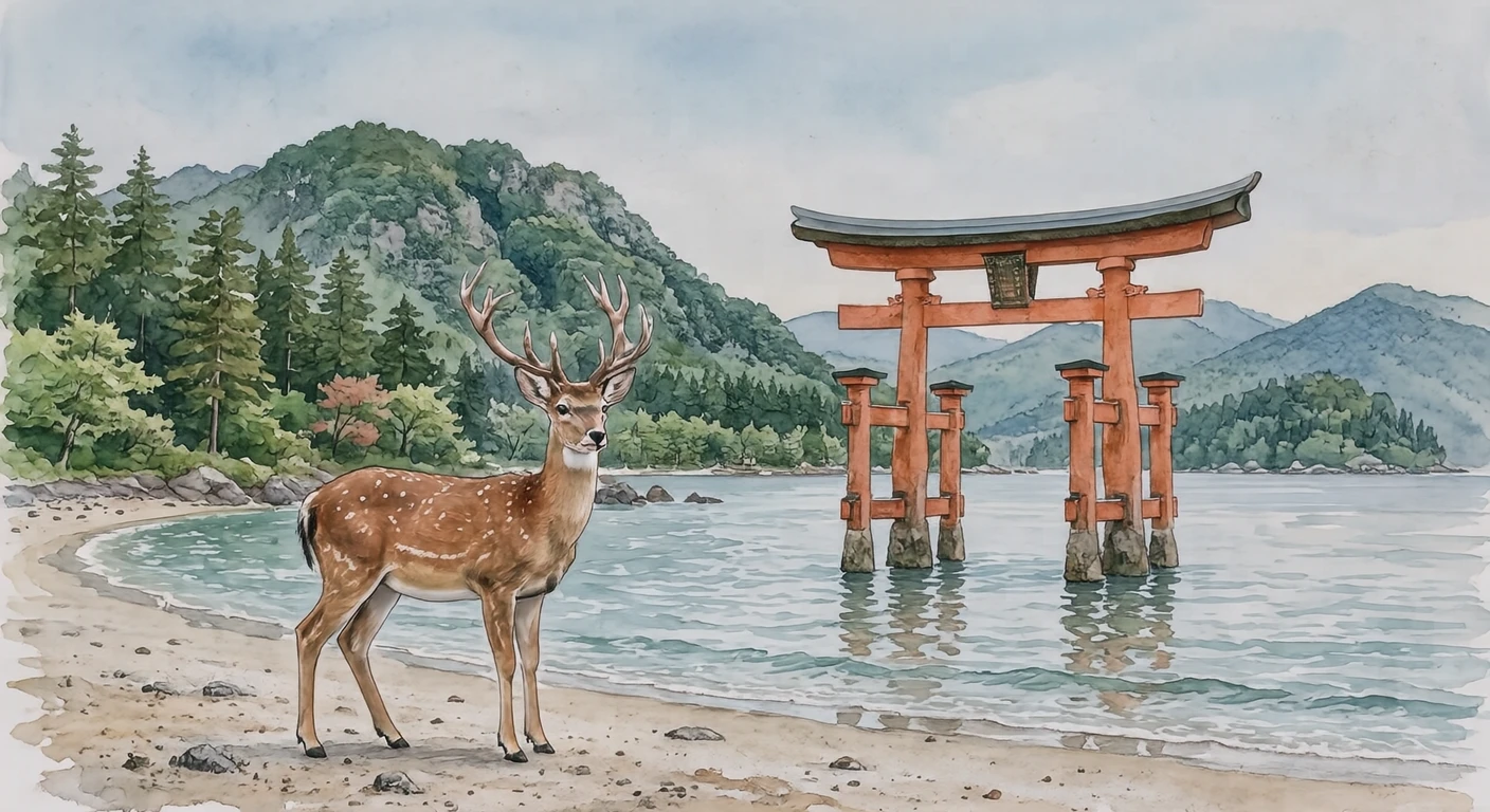 Illustration of a deer on Miyajima and the great torii gate of Itsukushima Shrine, a World Heritage Site (watercolor)