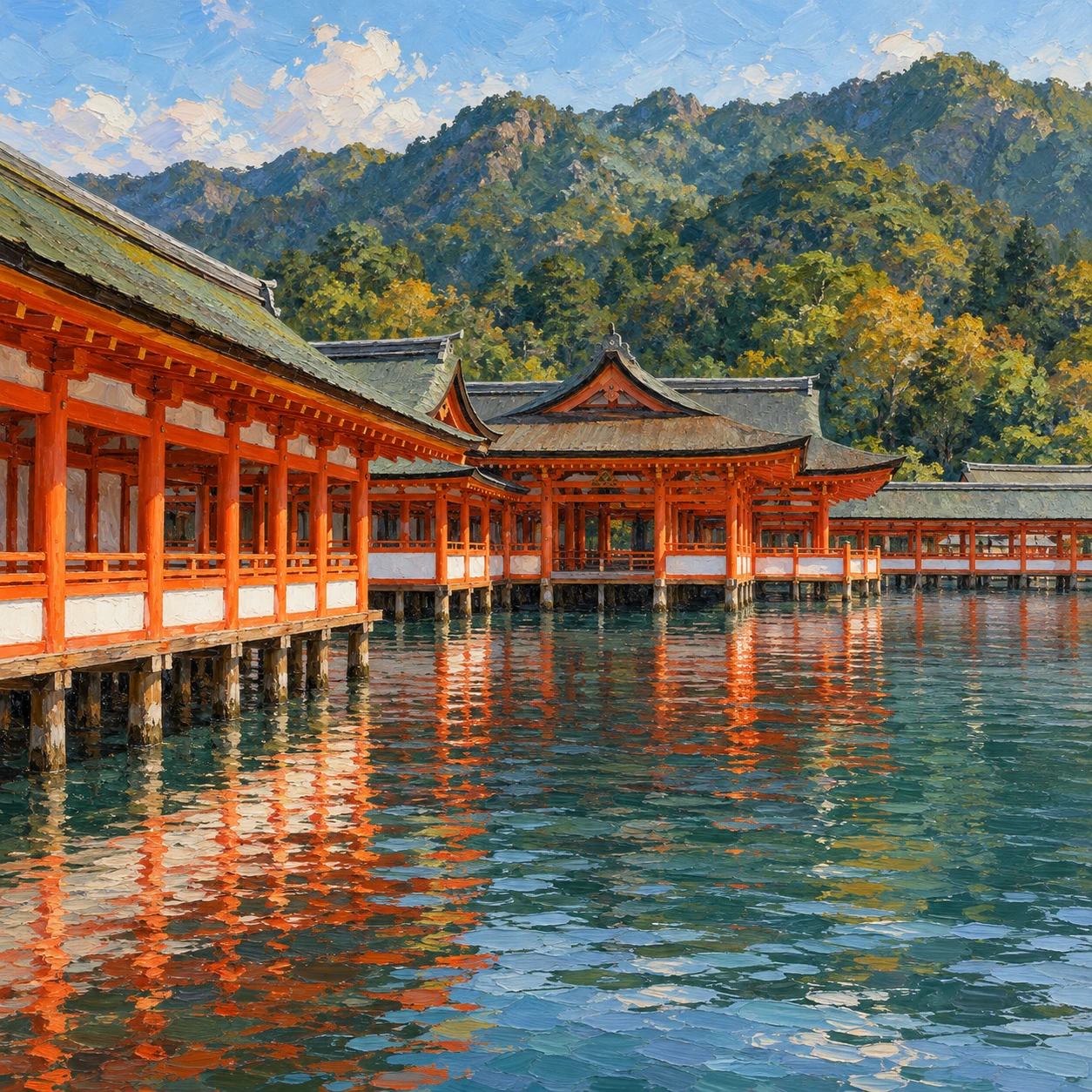世界遺産・海に浮かぶ厳島神社の朱色の回廊のイラスト（油彩）