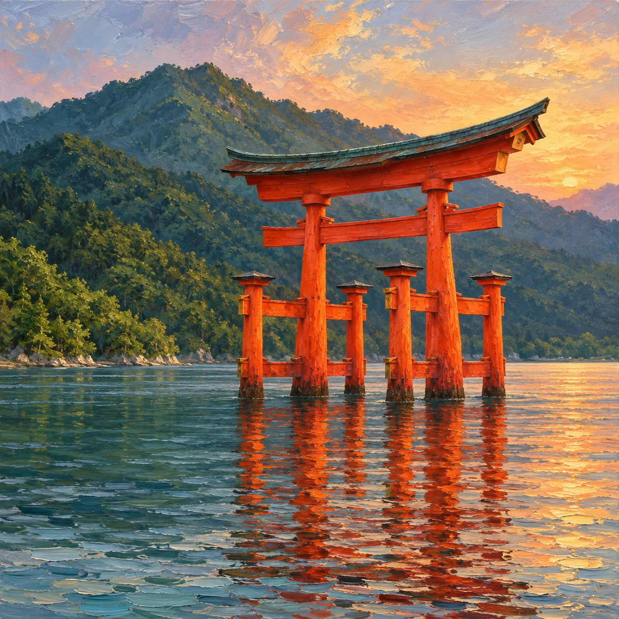 世界遺産・厳島神社の海に立つ大鳥居のイラスト（油彩）