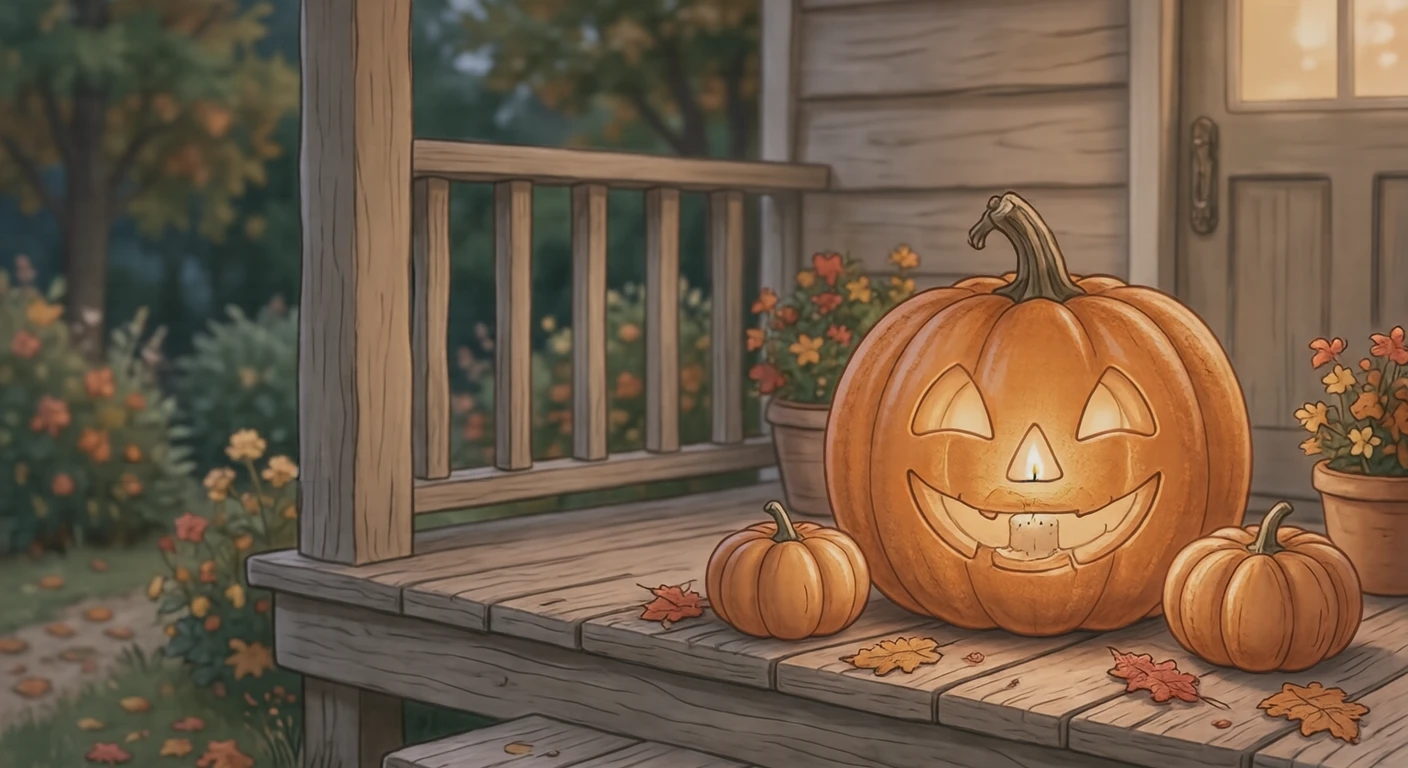 Illustration of a glowing Halloween jack-o'-lantern (soft pastel)