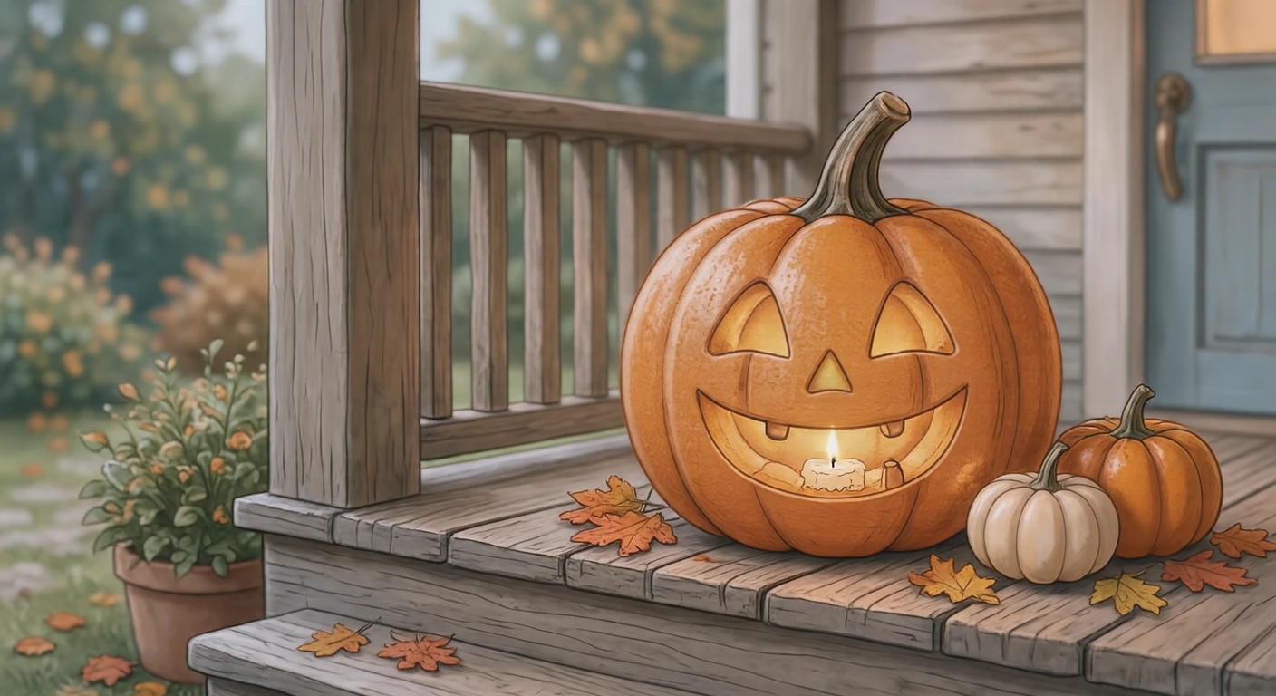 Illustration of a glowing Halloween jack-o'-lantern (soft pastel)
