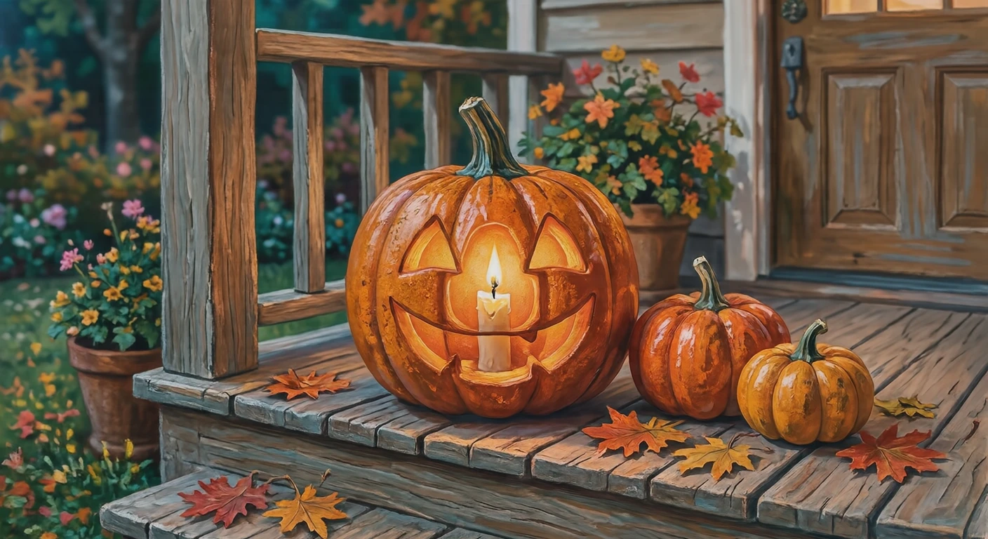 Illustration of a glowing Halloween jack-o'-lantern (gouache)