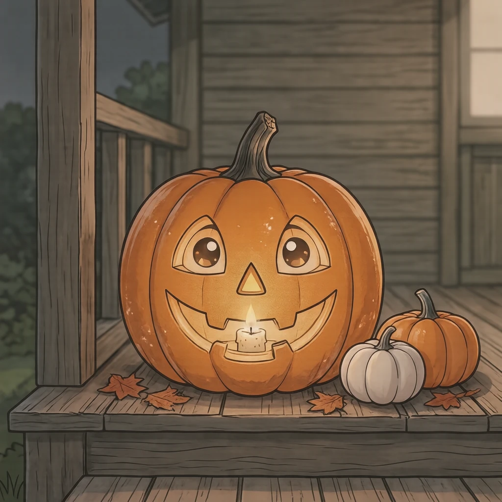 Illustration of a glowing Halloween jack-o'-lantern (anime cel-shaded)