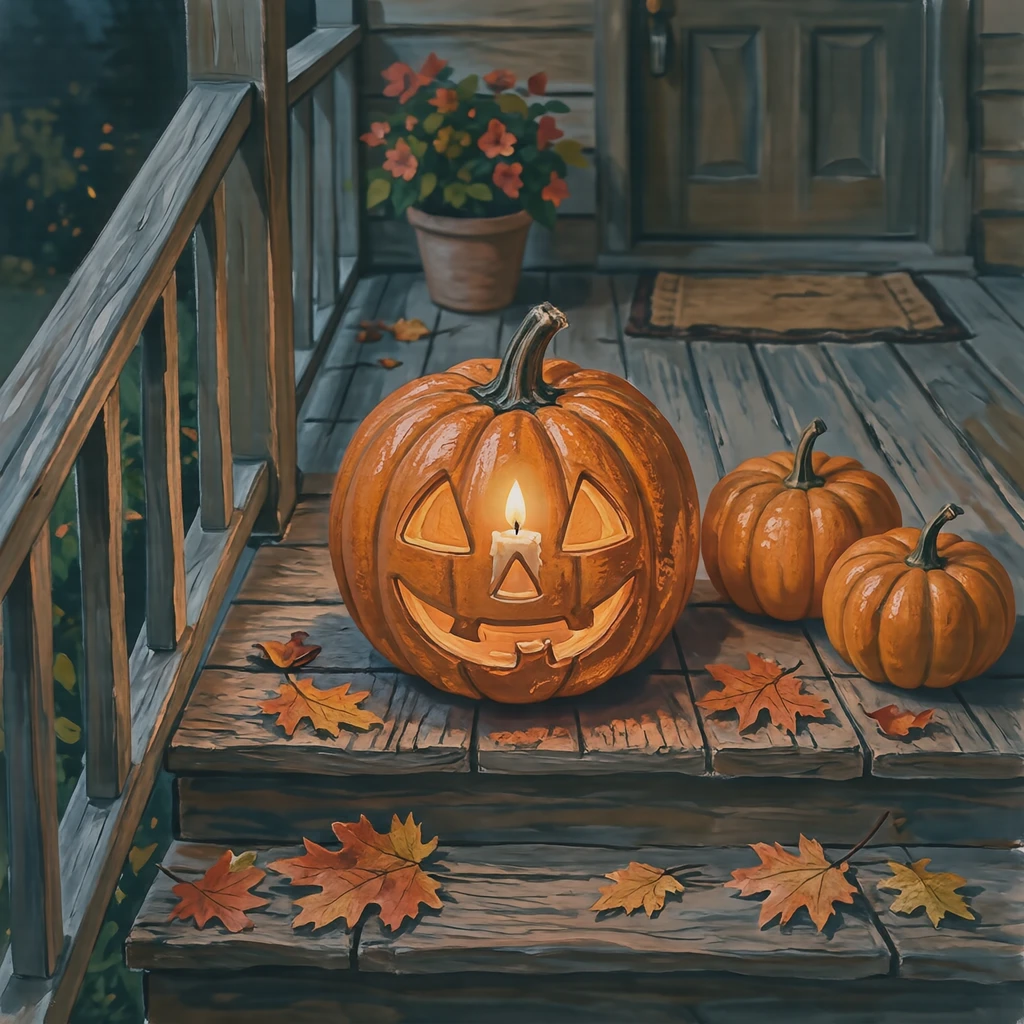 Illustration of a glowing Halloween jack-o'-lantern (gouache)