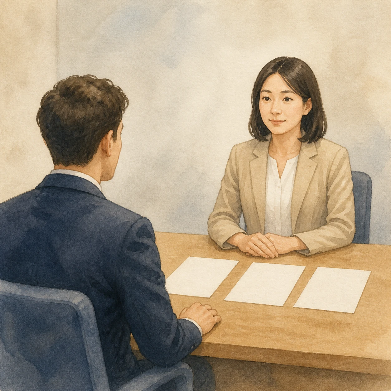 机を挟んで面接をする面接官と応募者の水彩イラスト