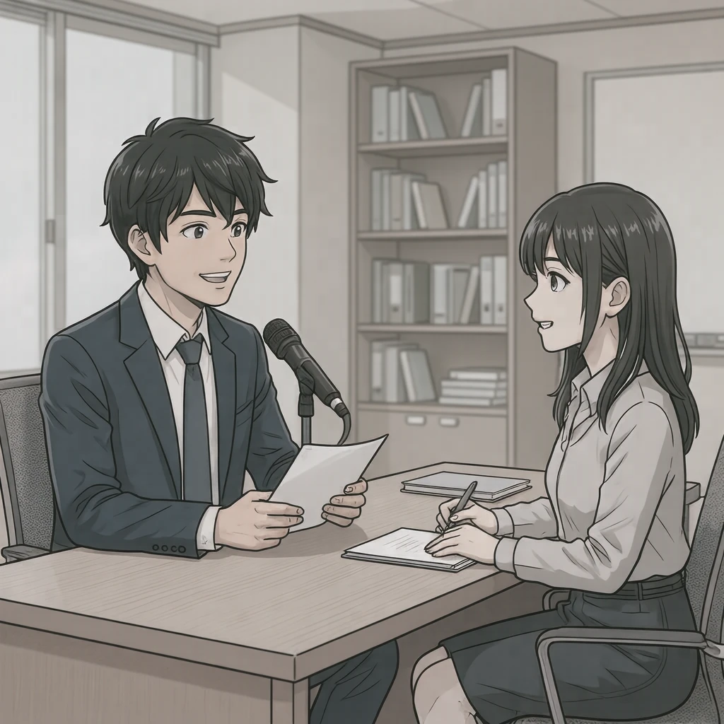 机を挟んで面接をする面接官と応募者のイラスト（アニメ塗り）
