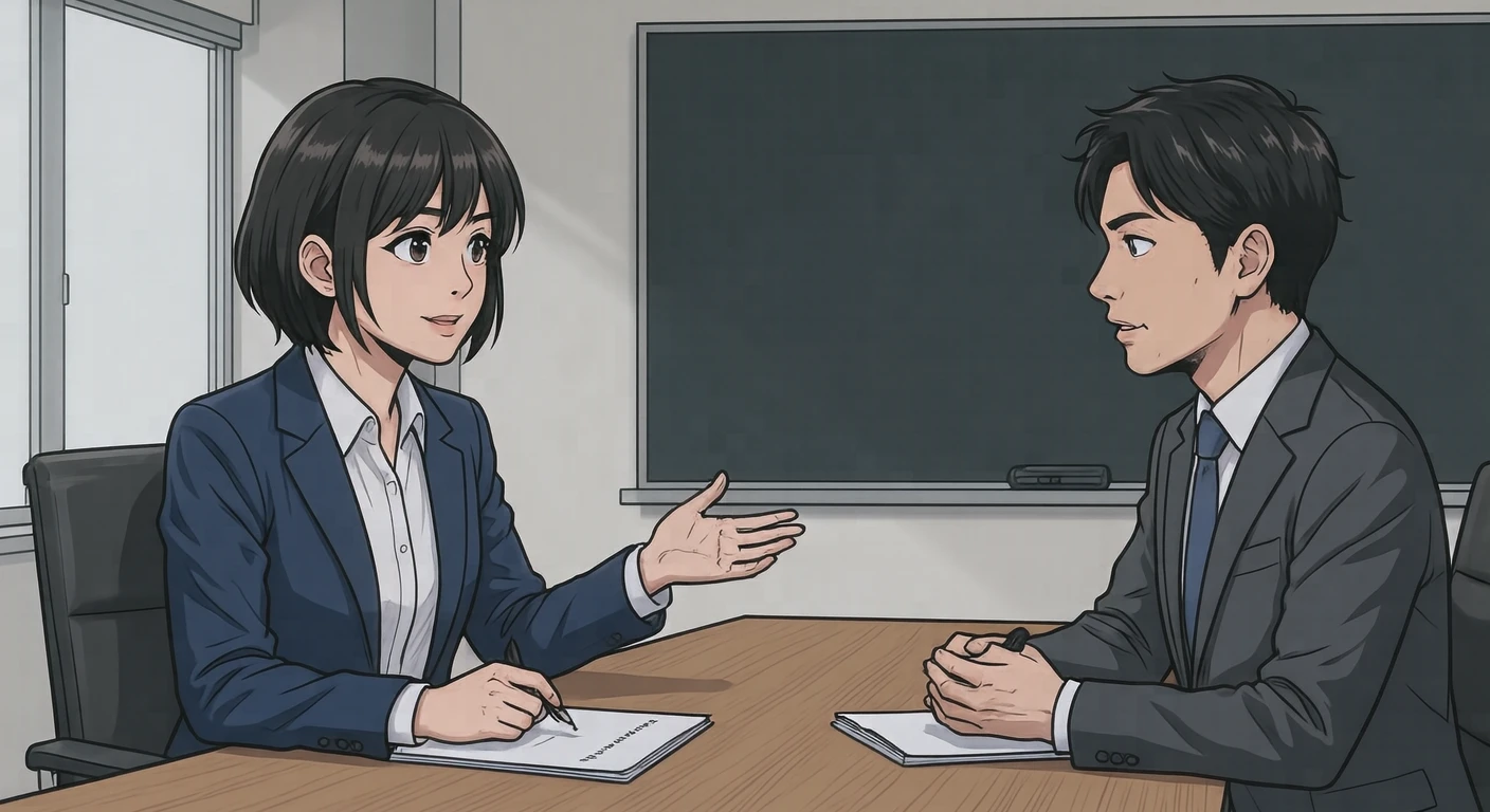 机を挟んで面接をする面接官と応募者のイラスト（アニメ塗り）