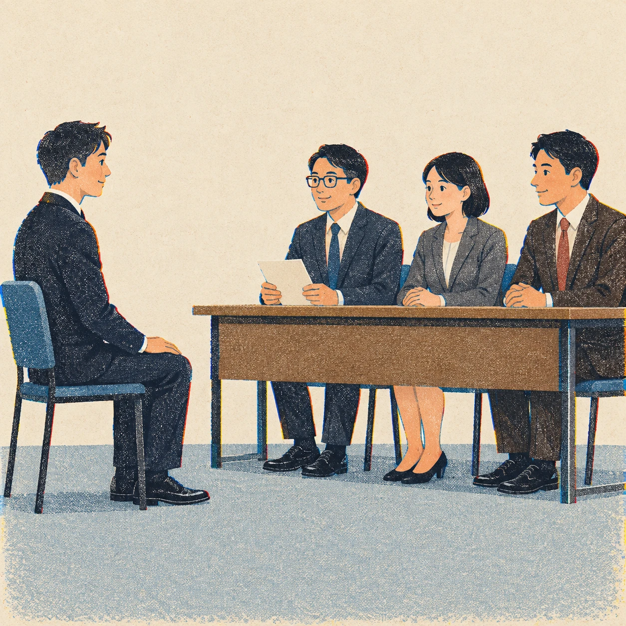 面接官3人と応募者1人の面接のイラスト(レトロ印刷)
