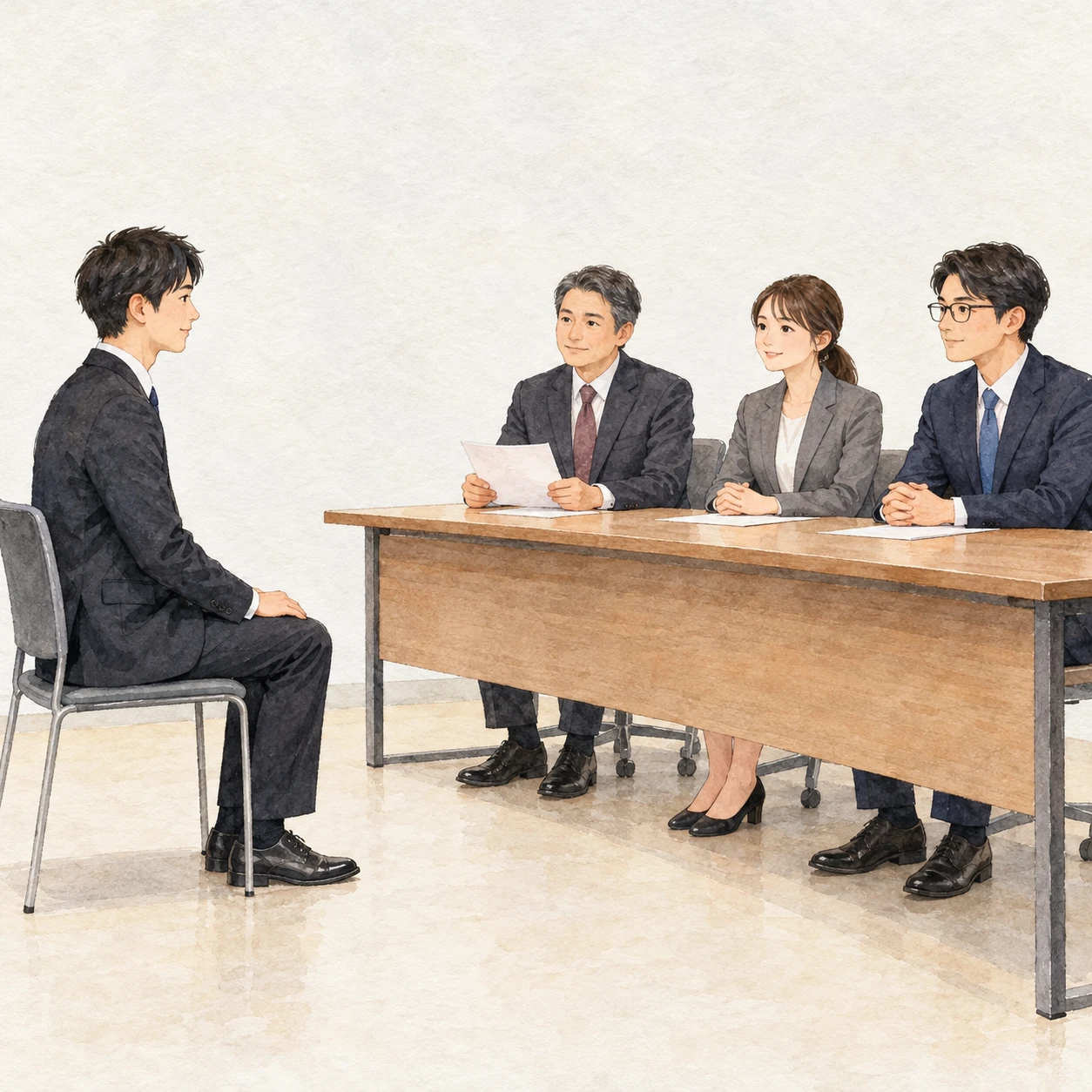 面接官3人と応募者1人の面接のイラスト(水彩)