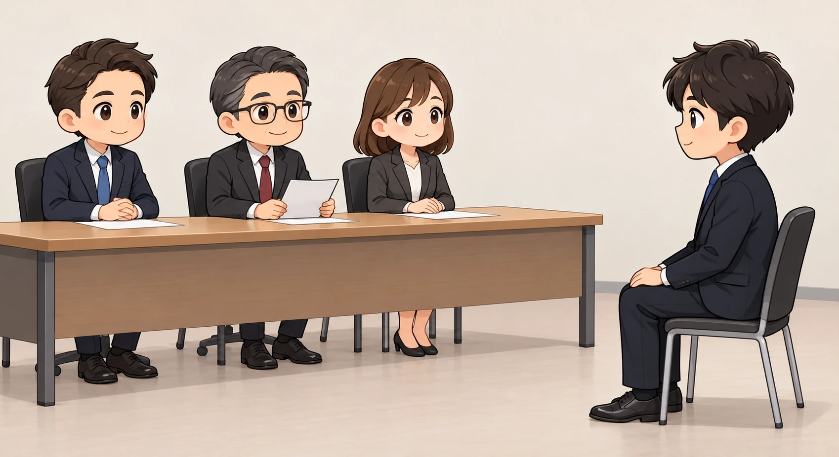 面接官3人と応募者1人の面接のイラスト(デフォルメ)