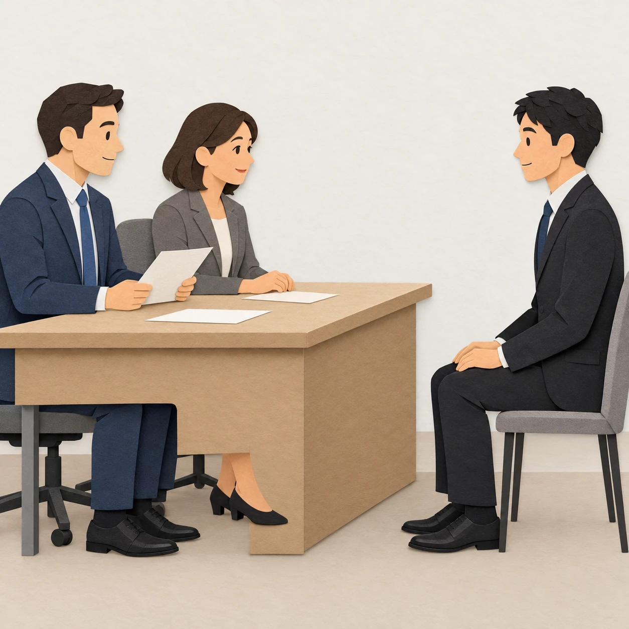면접관 2명과 지원자 1명의 면접 일러스트 (종이 오리기 풍)