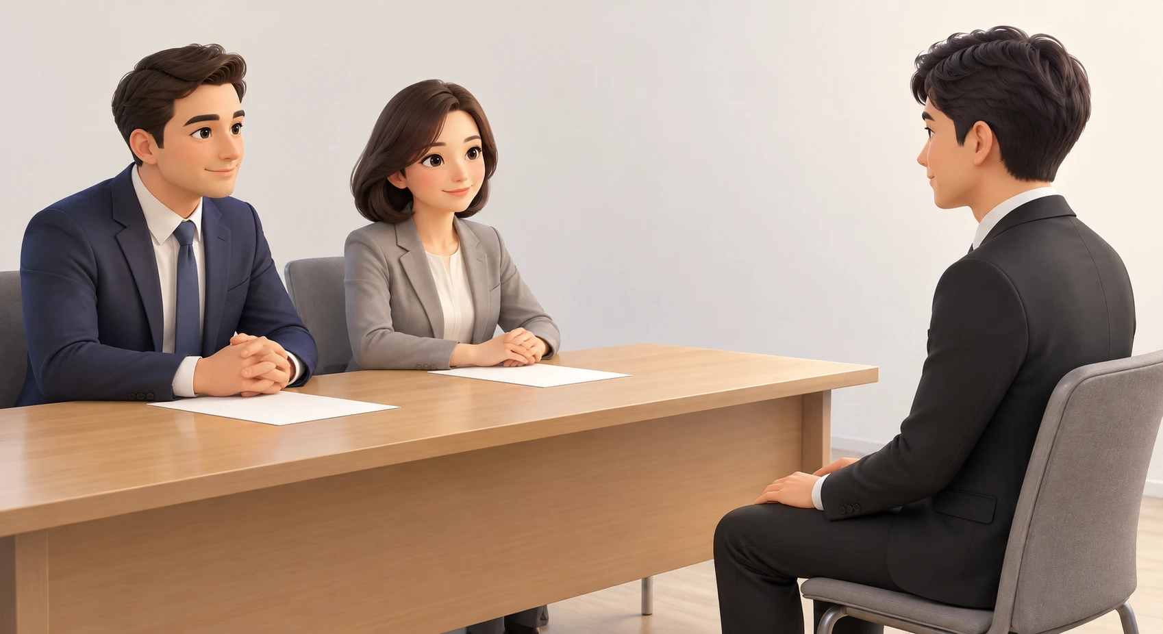 면접관 2명과 지원자 1명의 면접 일러스트 (소프트 3D)