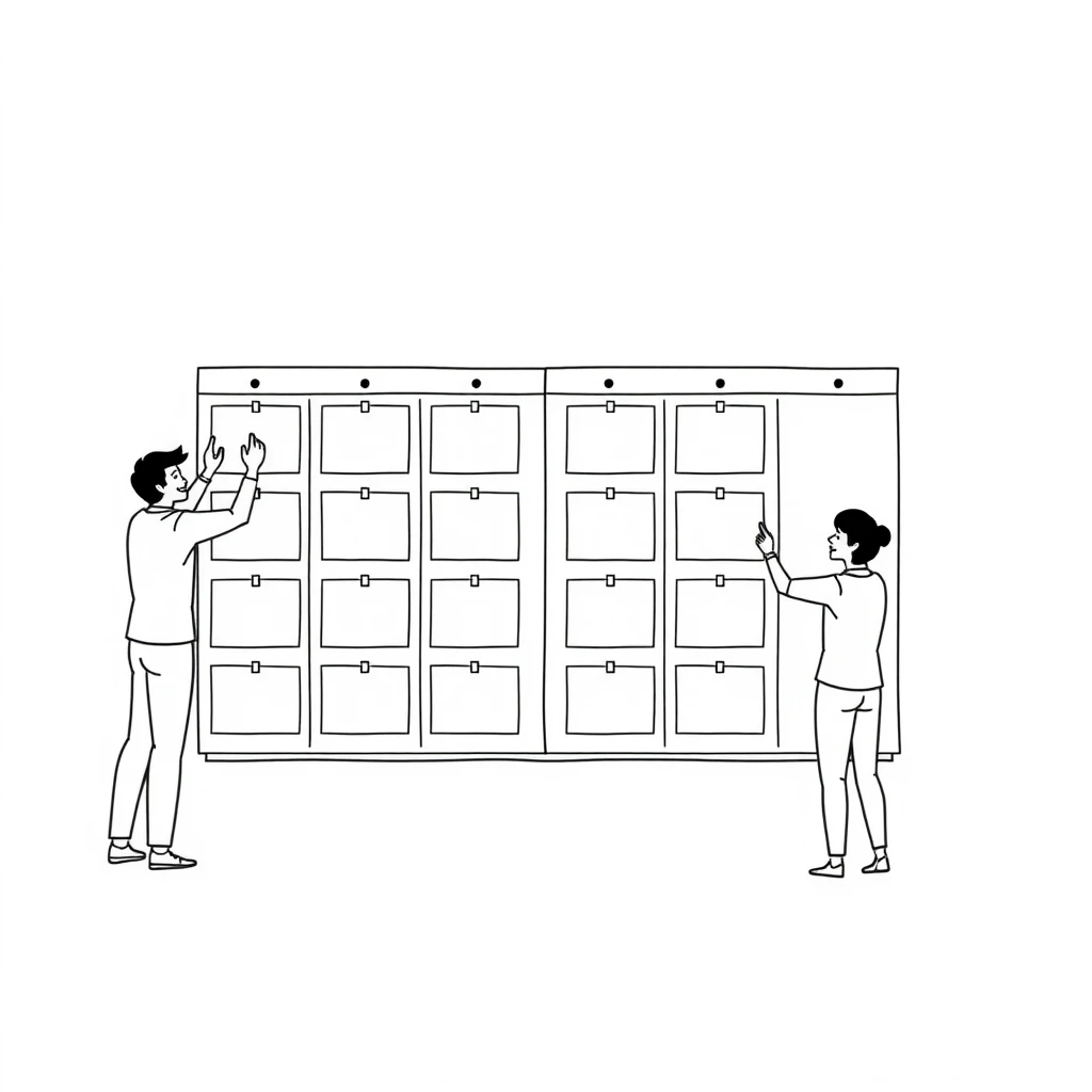 カンバンボードでタスクカードを整理するチームのシンプルな線画イラスト