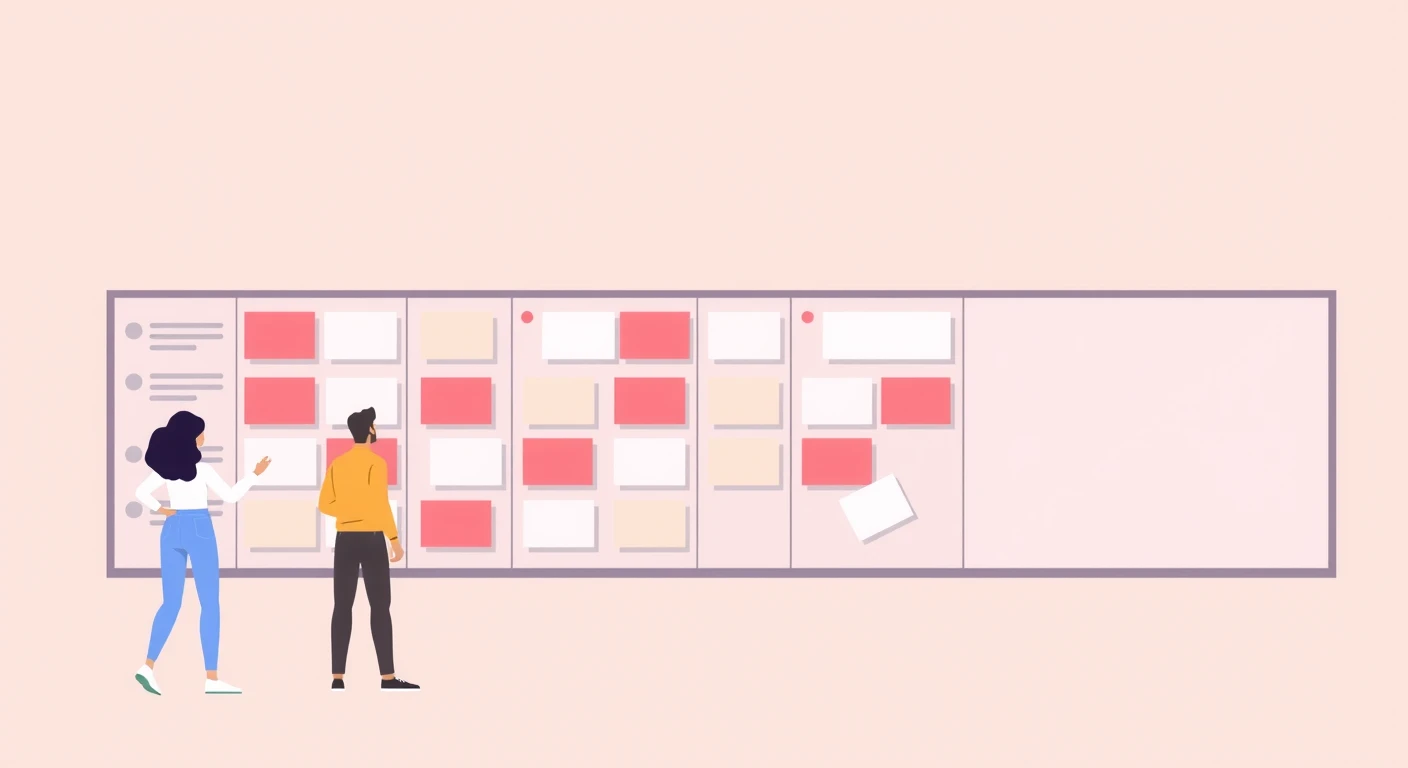 Flat illustration of a team organizing task cards on a kanban board