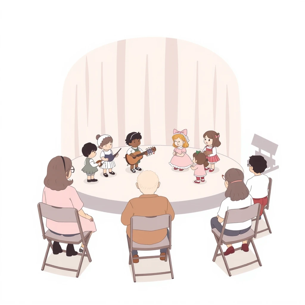 お遊戯会の舞台で発表する園児たちのイラスト