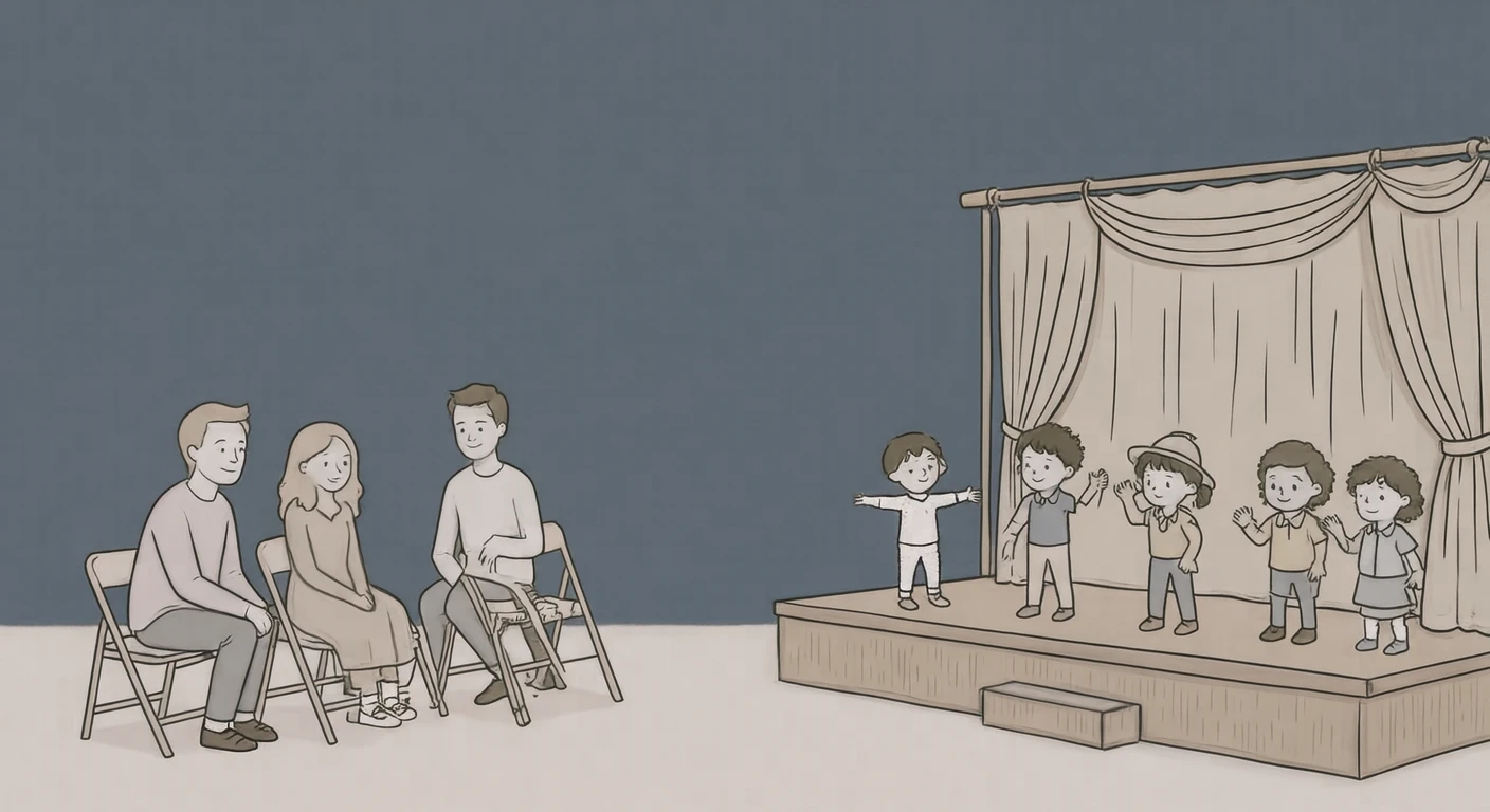 お遊戯会の舞台で発表する園児たちのイラスト(シンプル線画)