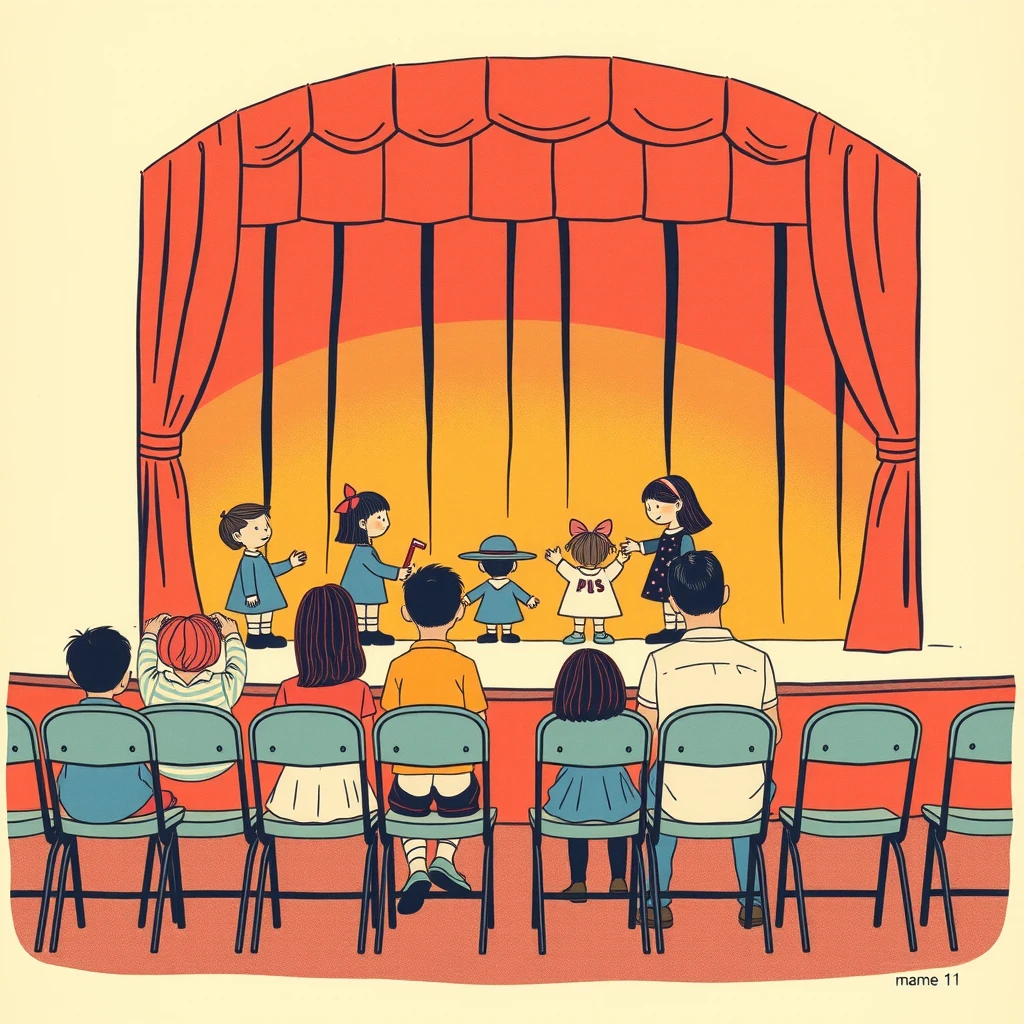 お遊戯会の舞台で発表する園児たちのイラスト