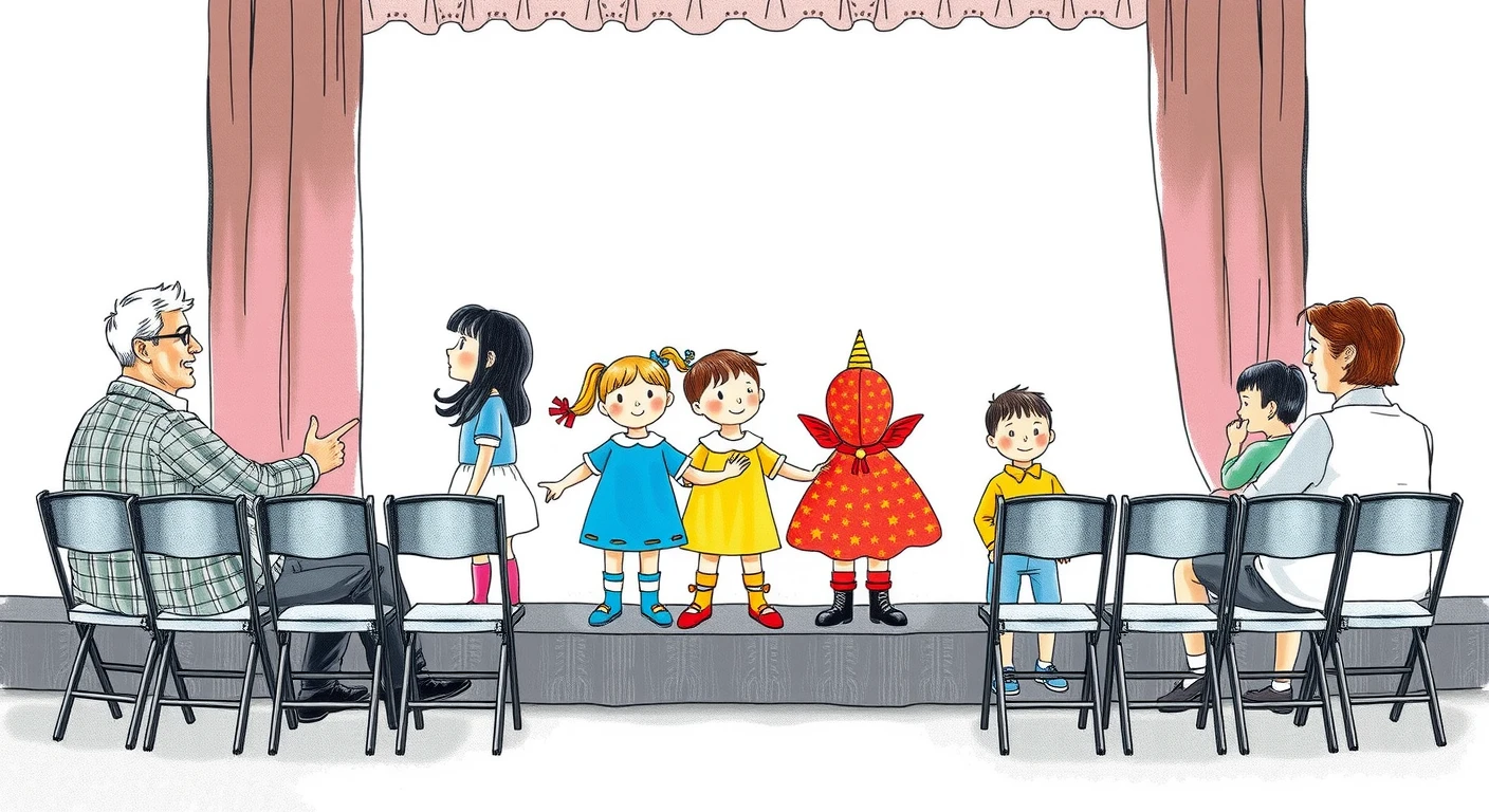 お遊戯会の舞台で発表する園児たちのイラスト