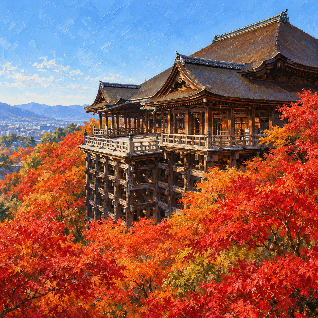 世界遺産・紅葉に囲まれた清水寺の舞台のイラスト（油彩）