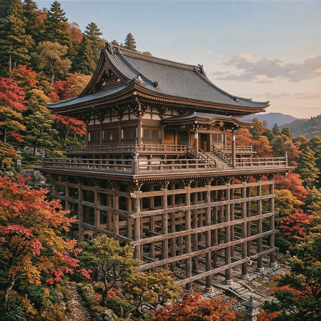世界遺産・紅葉に囲まれた清水寺の舞台のイラスト（写実）