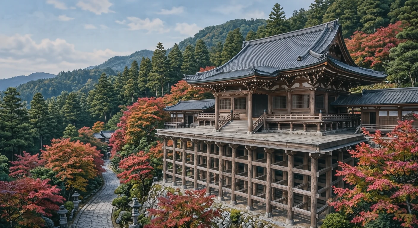 世界遺産・紅葉に囲まれた清水寺の舞台のイラスト（写実）