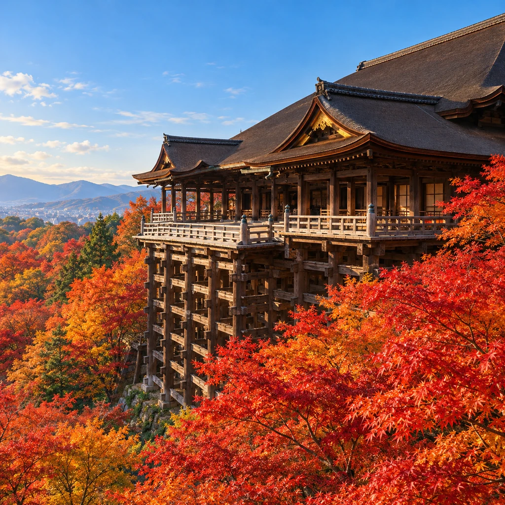 世界遺産・紅葉に囲まれた清水寺の舞台のイラスト（写実）
