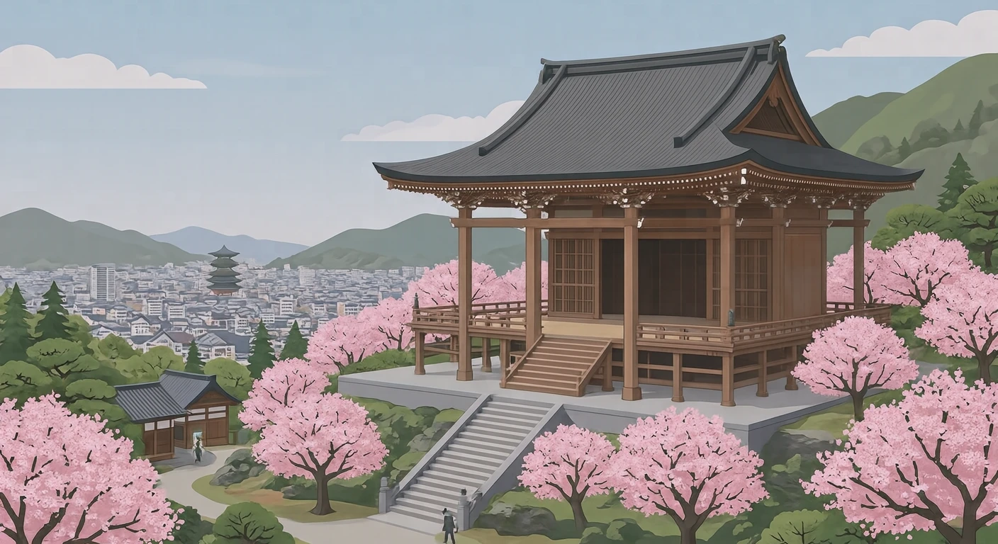 世界遺産・桜の季節の清水寺のイラスト(フラットイラスト)