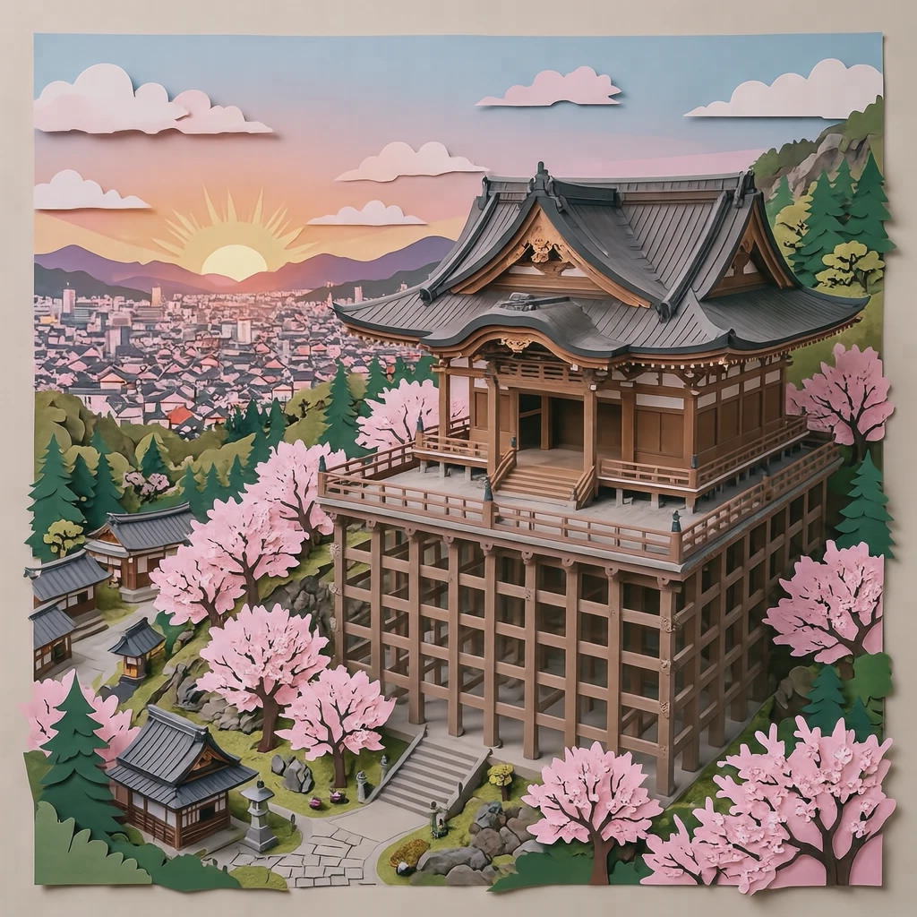 世界遺産・桜の季節の清水寺のイラスト(切り絵)
