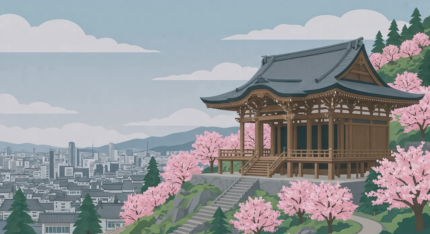 世界遺産・桜の季節の清水寺のイラスト(フラットイラスト)