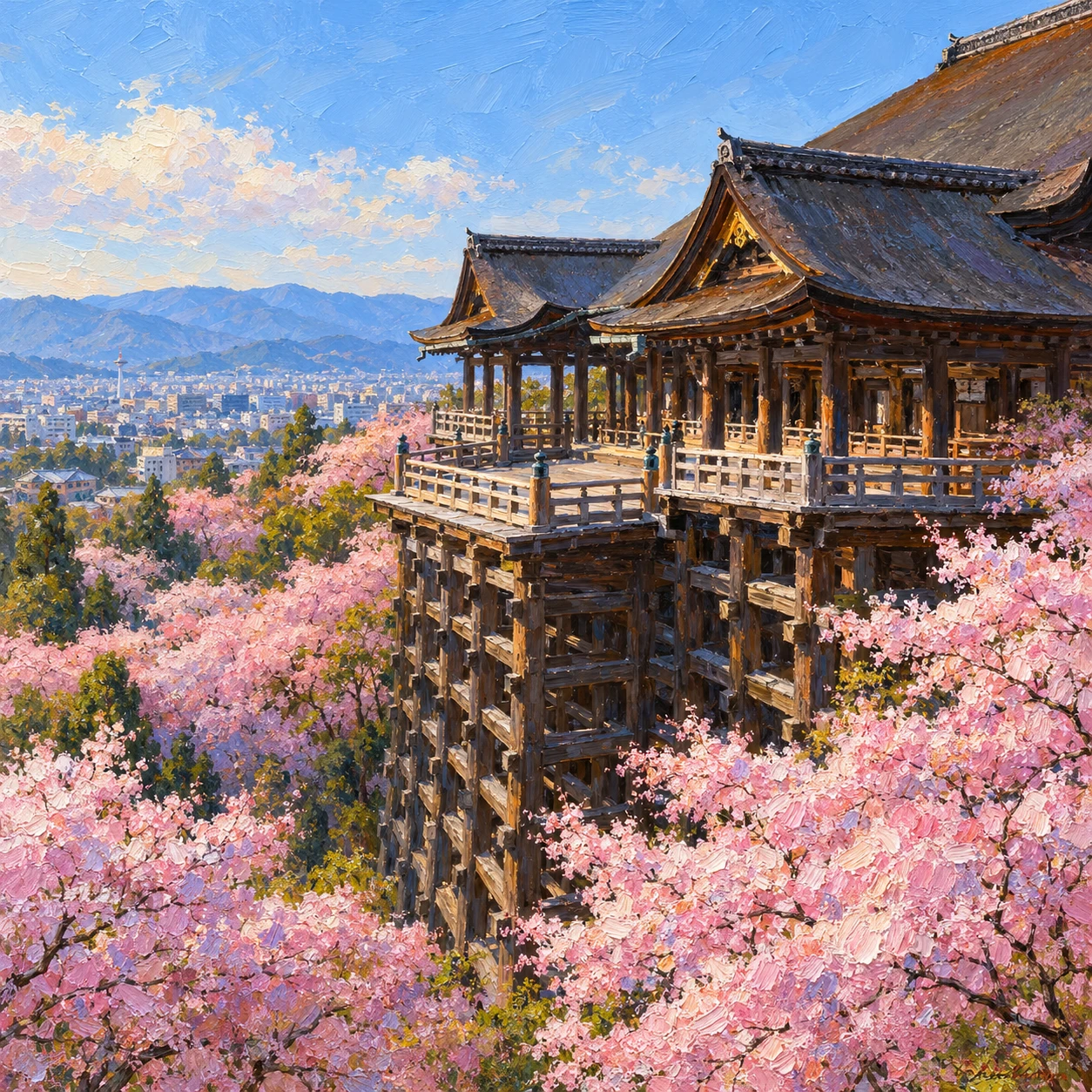 世界遺産・桜の季節の清水寺のイラスト（油彩）