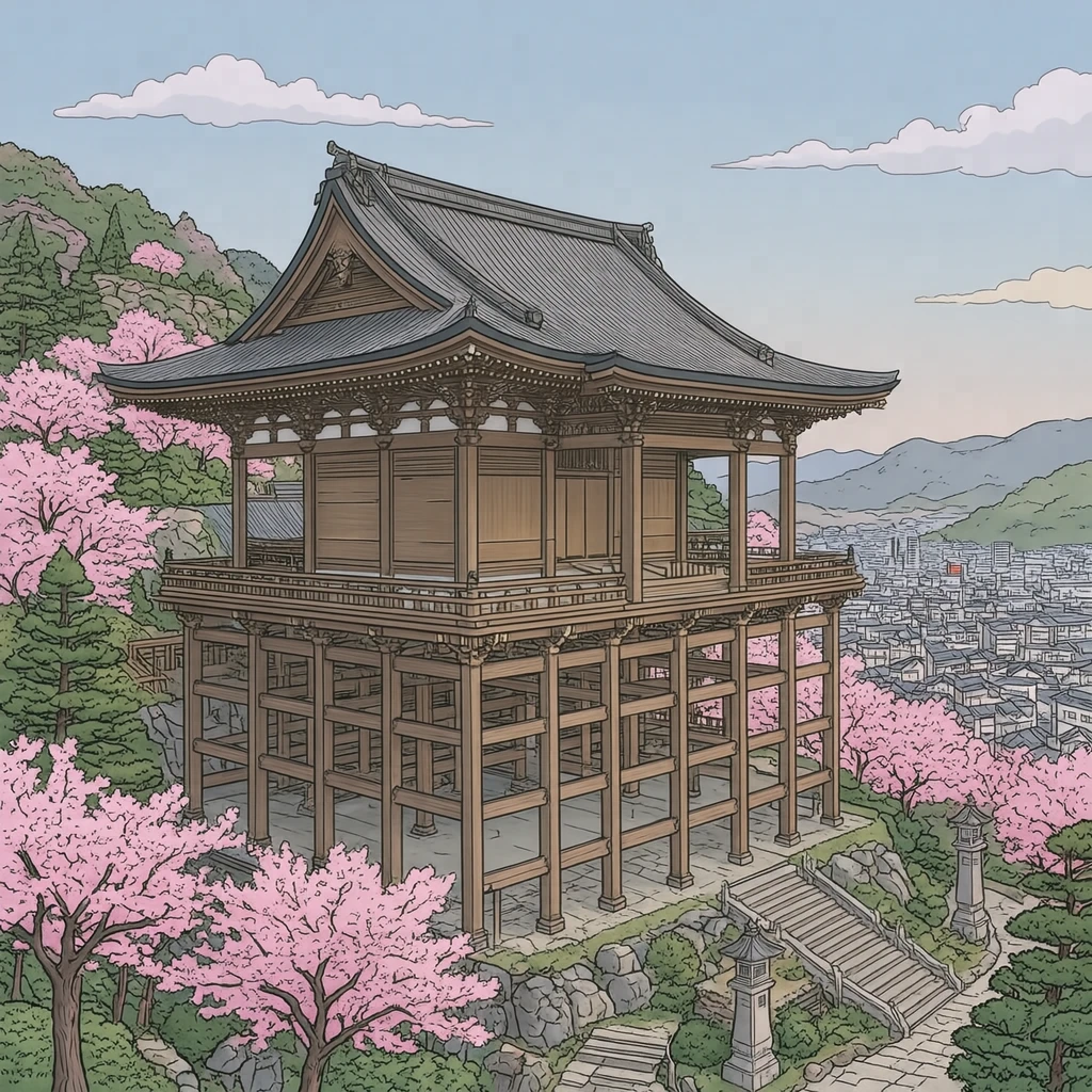 世界遺産・桜の季節の清水寺のイラスト(シンプル線画)