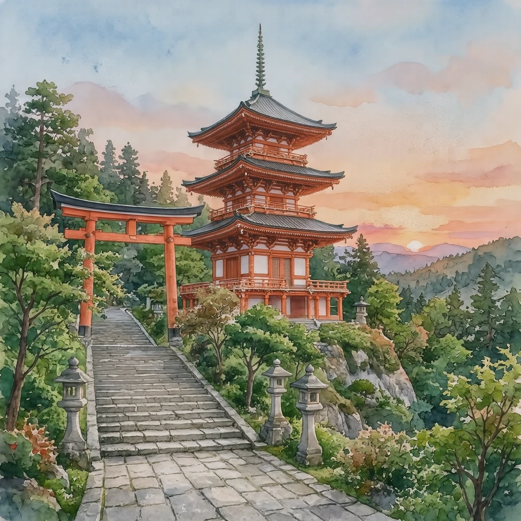 世界遺産・清水寺の三重塔と参道のイラスト(水彩)
